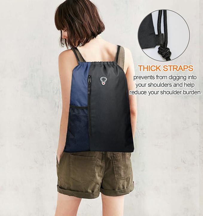 BeeGreen Drawstring Backpack Sports Gym Bag for Women Men Large Cinch Sackpack with 2 Zipper Pockets and Water Bottle Mesh Pockets Black Navy