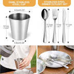 Odoland Stainless Steel Camping Mess Kit for Family & Person, Cooking Tableware Utensils with Plates Bowls Forks Spoons Knives & Savings Bag for Camping, Backpacking, Hiking, Picnic