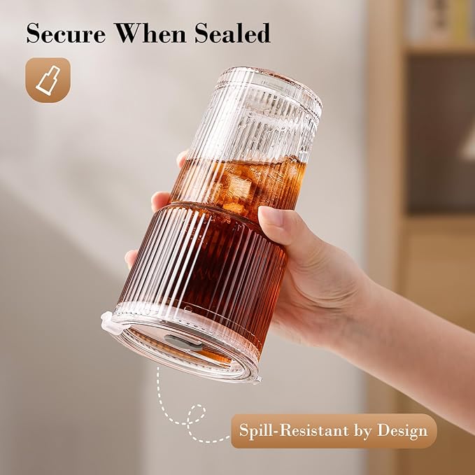 GOSCHE 20oz Glass Cups with Lids and Straws, Reusable Iced Coffee Cups, Thickened Glass Tumbler Set Ideal for Juices, Smoothies, Cocktails, and Beverage, Clear, 6 Pack