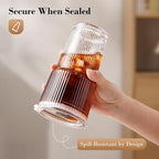 GOSCHE 20oz Glass Tumblers with Straws and Lids, Ribbed Iced Coffee Cups Leak-proof, Dishwasher Safe, Thickened Glass Cups with Lids Ideal for Coffee and Travel, Clear, 4 Pack