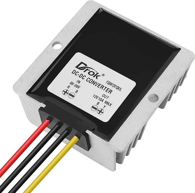 DROK Boost Buck Converter 9V-36V to 12V 10A 120W Aluminium Shell Waterproof Auto Step Up Down Voltage Regulator 12V Volt Transformer for Car Audio Solar Power System LCD Television LED Display Screen