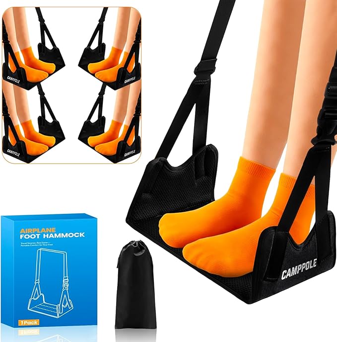 4 Pack Airplane Foot Hammock – Leg Pressure Relief Footrest for Plane Travel, No-Collapse Bamboo Support with Memory Foam Cushion, Adjustable Foot Sling for Long Flights & Office