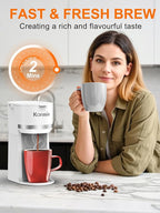Single Serve Coffee Maker for K-Cup and Ground Coffee,Fast Brew,6-12 oz Brew Sizes One Cup Coffee Machine Fits 5.5" Mugs,One-Button Small Coffee Maker with Descaling Reminder,White,9.45 Inches