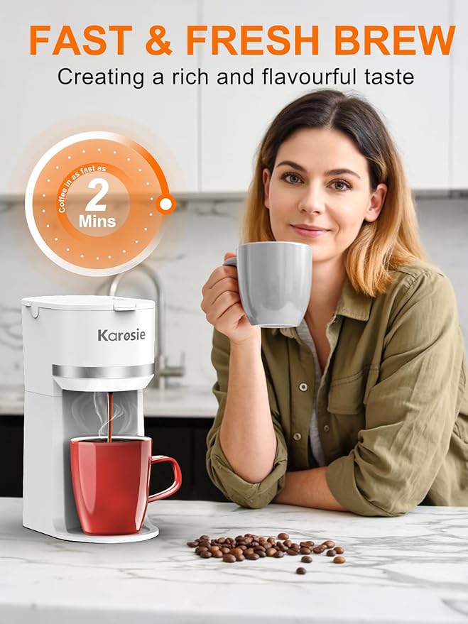 Single Serve Coffee Maker for K-Cup and Ground Coffee,Fast Brew,6-12 oz Brew Sizes One Cup Coffee Machine Fits 5.5" Mugs,One-Button Small Coffee Maker with Descaling Reminder,White,9.45 Inches