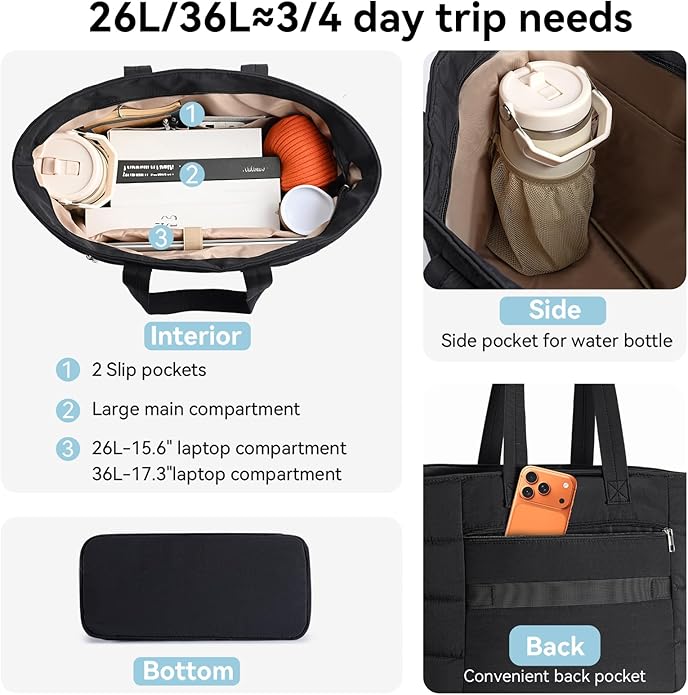 Puffer Tote Bag with Pouch,Women's Lightweight Quilted Shoulder Bag,15.6"/17.3" Laptop Travel Weekender for Work & Nurses