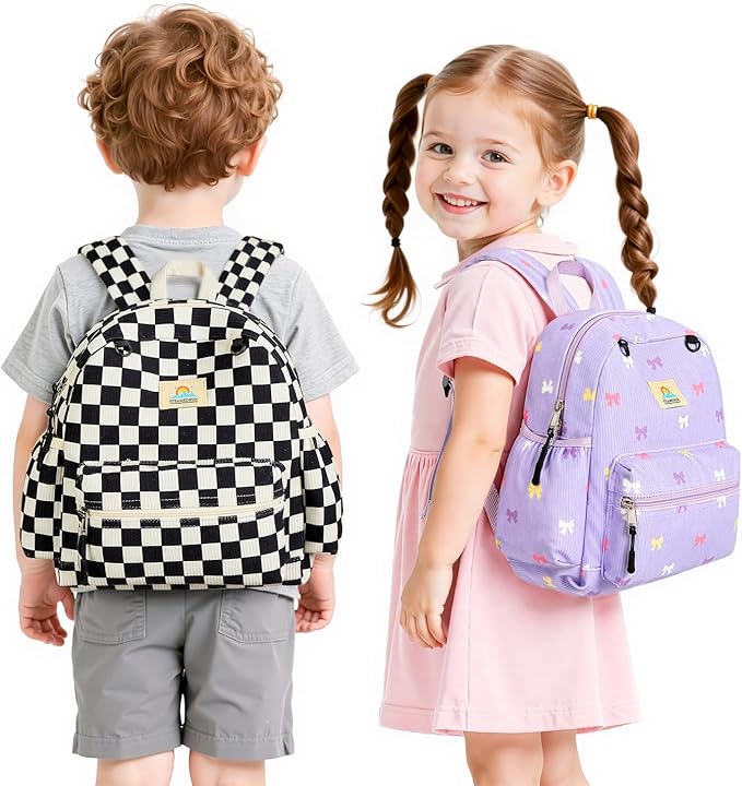 STEAMEDBUN Corduroy Toddler Backpack for Boys 2-4: Kids backpack for Boys Girls - 12 inch Preschool Kindergarten Backpacks - Checkered