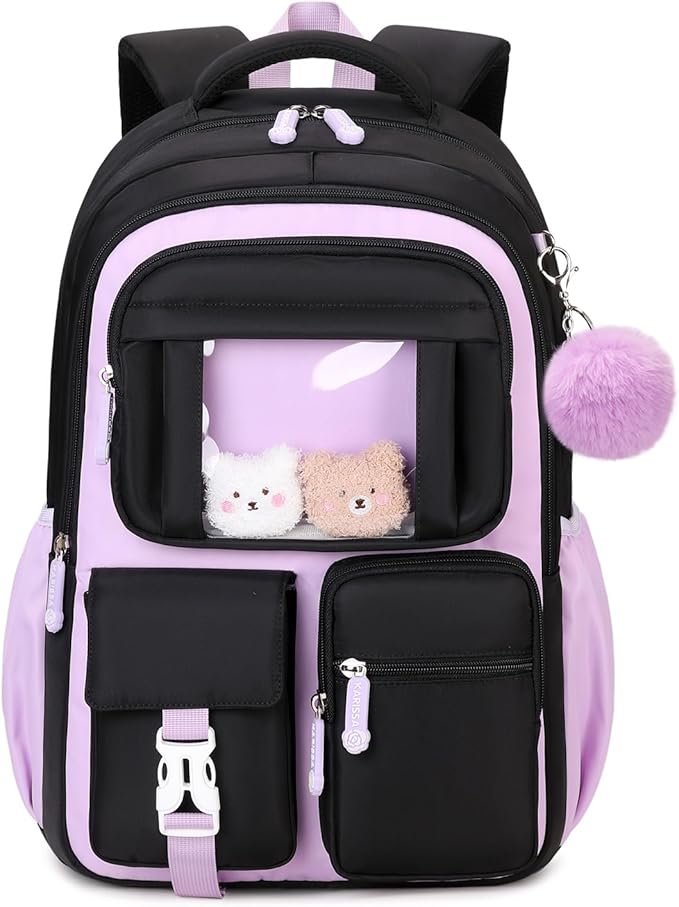 PIG PIG GIRL Kids Backpack for Girls School Bags for Middle School Students Book Bag for Elementary Primary Kawaii Ita Backpack, Black and Purple