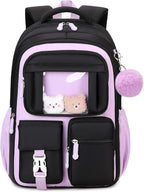PIG PIG GIRL Kids Backpack for Girls School Bags for Middle School Students Book Bag for Elementary Primary Kawaii Ita Backpack, Black and Purple