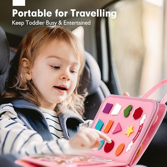 hahaland Toddler Busy Board Montessori Toys for 3 Year Old Girl Gifts, Educational Learning Toys with Life Skills, Alphabet, Number, Shape, Color, Car Ride Airplane Travel Toy Toddlers Girls Busy Book