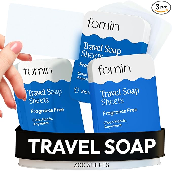 FOMIN - Antibacterial Paper Soap Sheets for Traveling - 300 Unscented Portable Hand Soap Sheets for Travel in Tin - Dissolvable Mini Portable Travel Soap Sheet for Hand Washing, Camping and Hiking