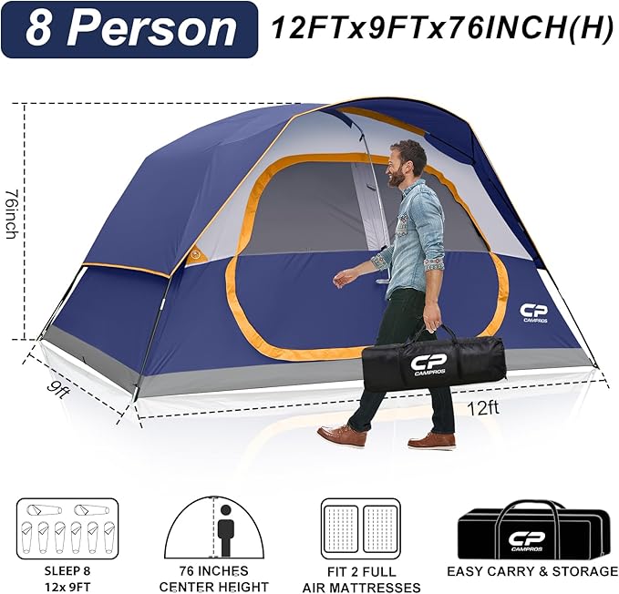 CAMPROS CP Upgraded 6/8 Person Camping Tents, Waterproof Windproof Family Tent with Larger Mesh Windows & Door, Double Layer, Easy Set Up, All-Season Dome Tent with Top Rainfly & Carry Bag