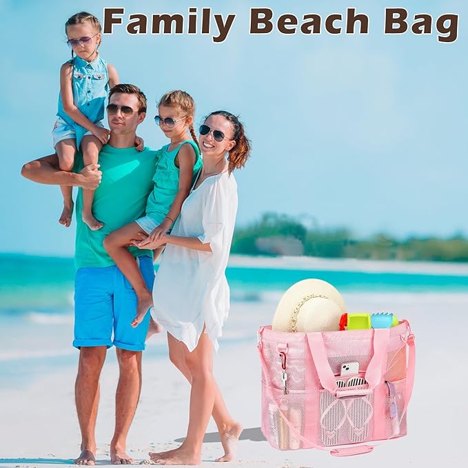 Fammart Mesh Beach Bag with Zipper, Large Beach Tote for Women, Toys Pool Swim Bag Travel Vacation Cruise Essentials