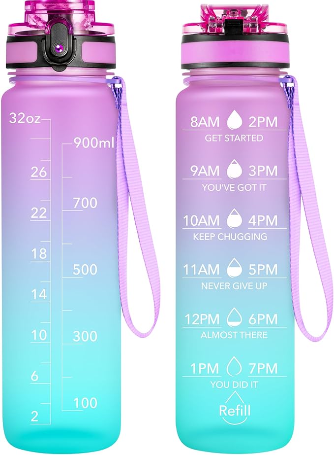 OLDLEY Water Bottle, 32oz Motivational Sports Water Bottle with Time Marker Times to Drink Tritan, BPA Free, Wide Mouth Leakproof, Anniversary Birthday Gifts for Men Women, Confectionery (1 Bottle)