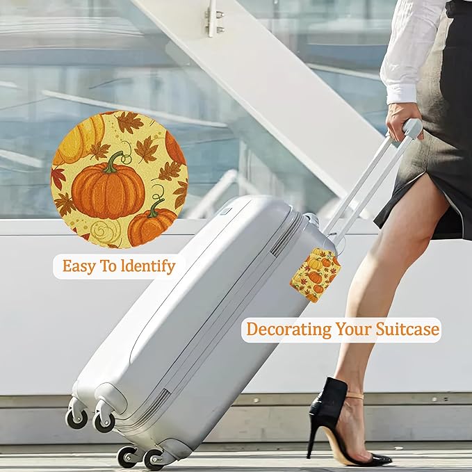 Fall Pumpkin Luggage Tags for Suitcases, 3 Pack Leather Bag Tag Identifiers with Stainless Steel Loop and Address Card for Men Women