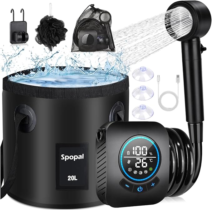 Portable Shower for Camping, [Upgraded] Spopal 8000mAh Rechargeable Camping Shower with 5 Adjustable Speeds, 4 Spray Modes with Collapsible Bucket with Handle 20L for Hiking, Travel, Car, Pet