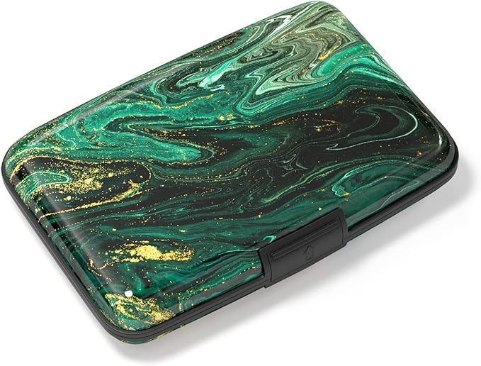 Credit Card Holder, Mini Aluminum Card Wallet RFID Blocking Slim Metal Hard Card Case for Women Men, Green Gold Marble
