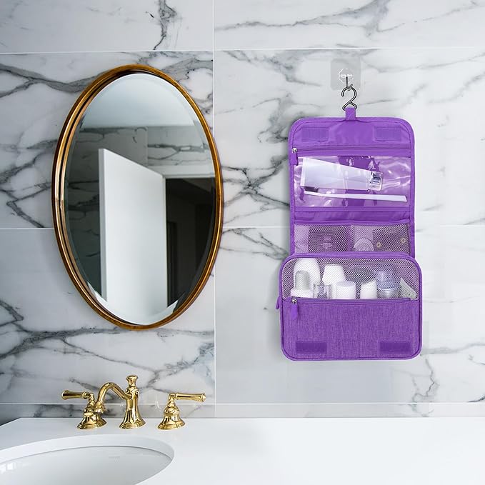 Lcsmaokin Large Capacity Toiletry Bag Travel Bag with Hanging Hook for Men and Women Waterproof Travel Cosmetic Bag Bathroom Storage Bag for Brushes Set, Full-Sized Shampoo, Toiletries, (Purple)