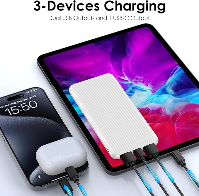 Power Bank 10000mAh Portable Charger, Slimmer Battery Pack 5V/3A with USB C Input & Output, Travel Essentials Powerbank Compatible for iPhone, Galaxy, LG, Sony, Pixels, Tablets and More (White)