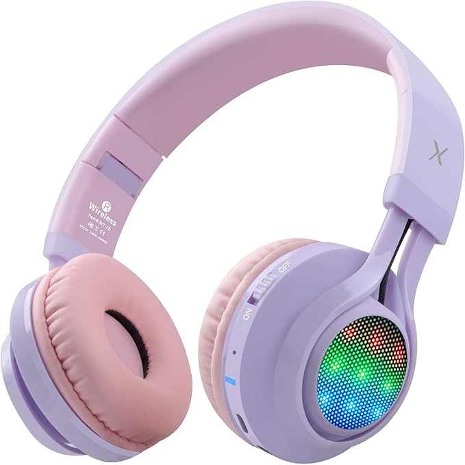 Riwbox WT-7S Kids Bluetooth Headphones Light Up, Foldable Stero Wireless Headset,with Microphone and Volume Control,Comfortable and Durable,for PC/Tablet/TV/Travel(Purple)