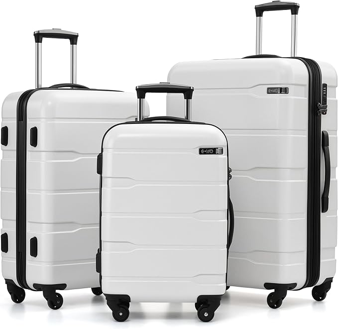 Coolife Luggage Set 3 Piece Hardside PC+ABS Suitcase with TSA Lock, Expandable Large Checked Luggage, Lightweight Rolling Carry On with Spinner Wheels(20/24/28 Inch, White)