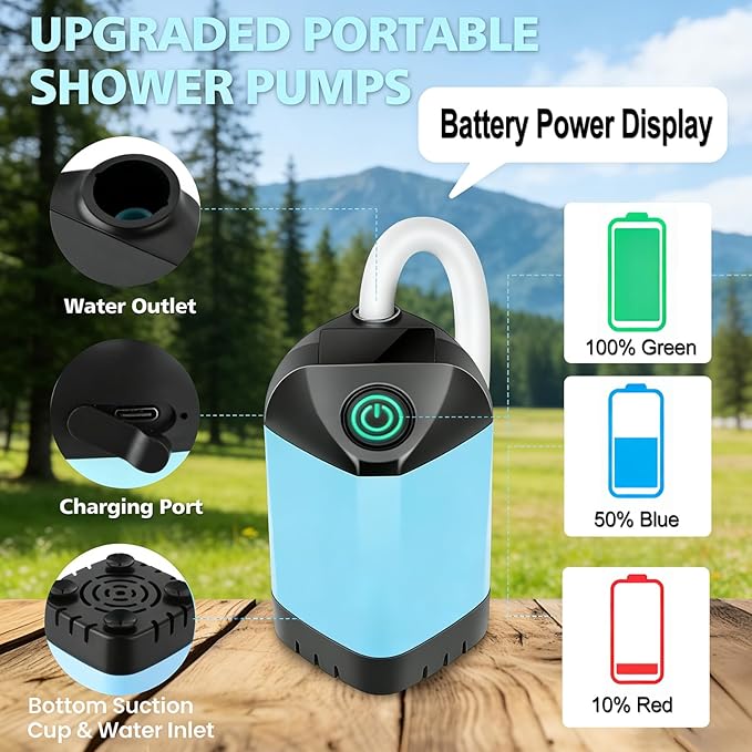 Portable Shower for Camping with 7800mAh Battery - 3 Spray Modes, IPX8 Waterproof & Strong Suction Shower Pump for Outdoor Hiking, Beach Travel, RV, Pet Bathing & Gardening