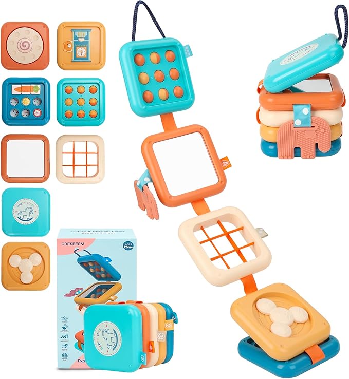 GRESEESM Montessori Busy Board for 1 Year Old, Toddlers Travel Toys for Ages 1–3, Sensory Activity Board for Airplane and Car, Baby Gifts for Boys Girls, Easter Basket & Stocking Stuffers