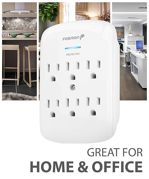 Fosmon 6-Outlet Power Strip Surge Protector 1200 Joules, Wall Mount Adapter Tap, Multi-Plug Outlet Wall Charger Extender, Charging Station, ETL Listed for Home, Dorm Room & Office (2 Pack) - White