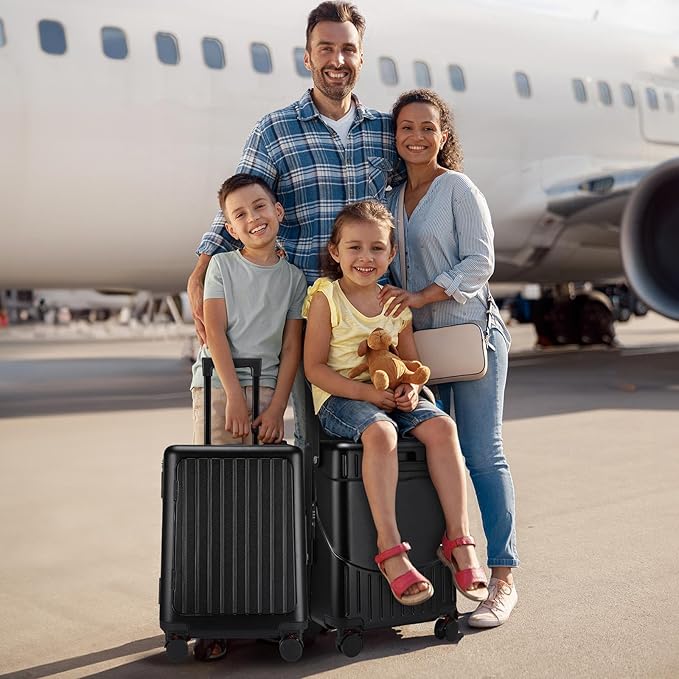 20'' Ride on Luggage Kids Rolling Suitcase with Seat & Aluminum Frame Back to School Gift for Student Travel(Black)