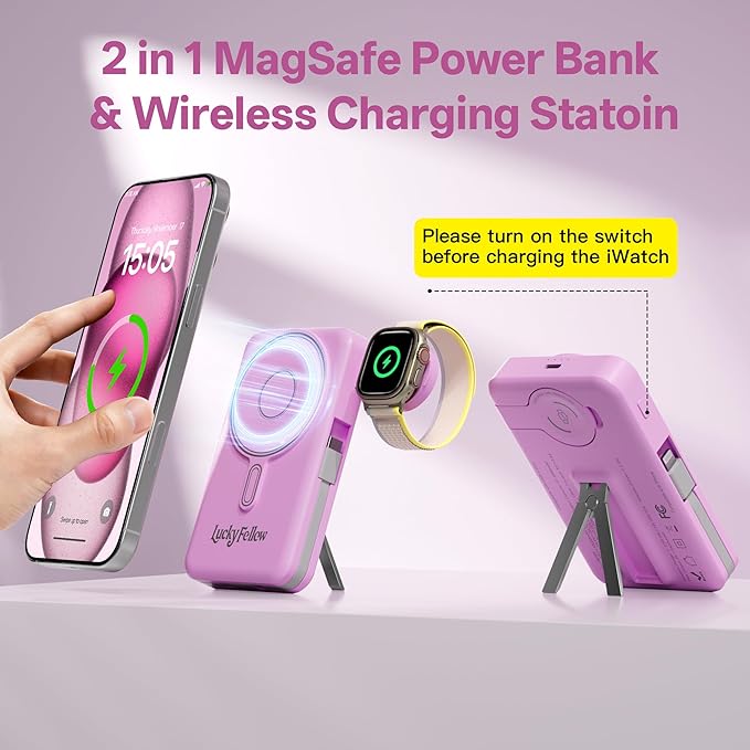 Magnetic Portable Charger Built-in Cables,10000mAh Fast Charging Wireless Charger Station External Battery Pack Slim Pocket Size Power Bank with Stand Compatible with iWatch, iPhone