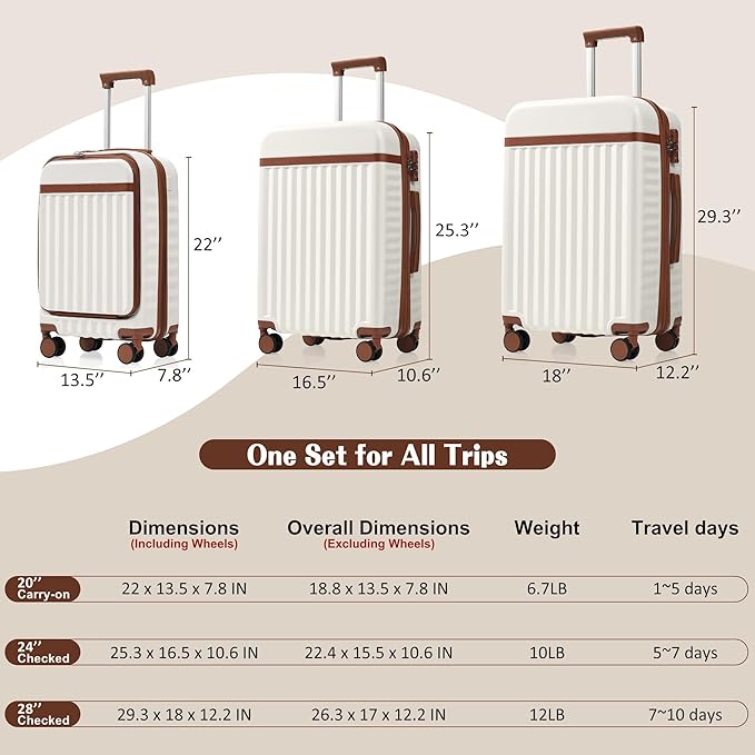 3 Piece Luggage Set ABS Hardshell Lightweight Suitcase Sets with Spinner Wheels and TSA Lock, 20 inch with Front Opening Design and USB Port, 20" Airline Certified Carry-on Luggage, 20"24"28", White