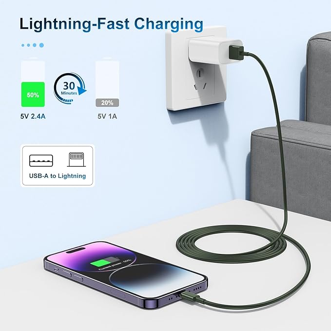 3 Pack Apple MFi Certified Charger Cable 6Ft, Lightning to USB Cable Cord 6 Foot, 2.4A Fast Charging,Apple Phone 6 Feet Long Chargers for iPhone 14/13/12/11/X/XS/XR/SE/8/7/6/5 Plus Pro Max Mini Olive