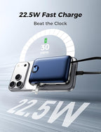 Portable Charger with Built-in Cables & Wall Plug, 10000mAh Power Bank, 4 Outputs 22.5W USB C Fast Charging, Slim Travel Battery Pack with LED Display for iPhone 17/16/15/14, DarkBlue