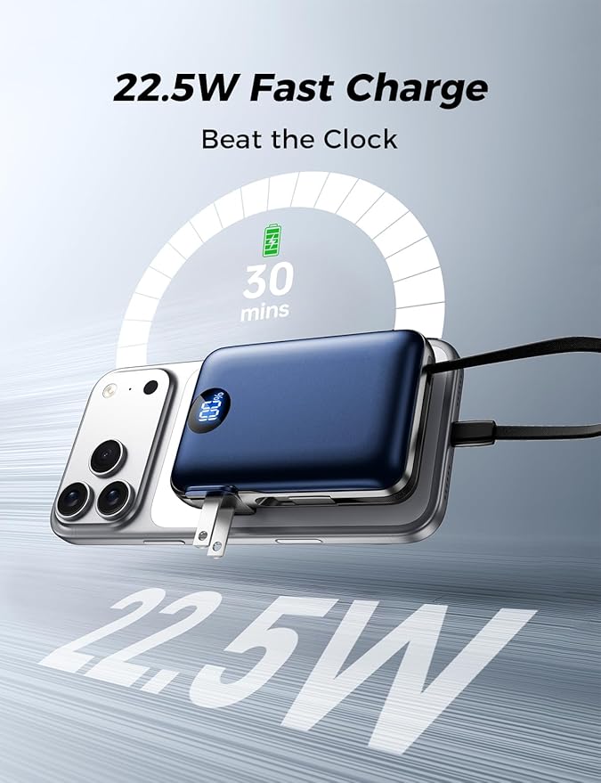 Portable Charger with Built-in Cables & Wall Plug, 10000mAh Power Bank, 4 Outputs 22.5W USB C Fast Charging, Slim Travel Battery Pack with LED Display for iPhone 17/16/15/14, DarkBlue