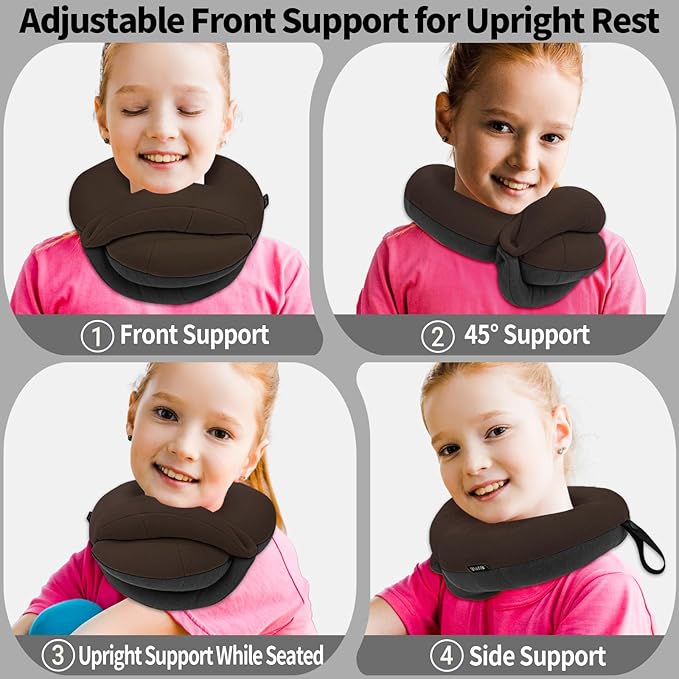 BUYUE Kids Travel Pillows for Airplane, Memory Foam 360° Head Support Sleeping Essentials for Boys Long Flight, Skin-Friendly Soft Neck Pillow for Traveling in Car Seat, (Small, Brown Grey, 40-90 lbs)