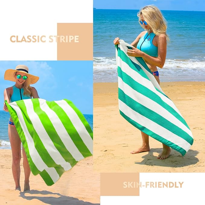 Exclusivo Mezcla 2 Pack Cotton Oversized 35x70 Inches Cabana Stripe Beach Towels, Super Absorbent Soft Plush Pool Bath Towel (Turquoise)