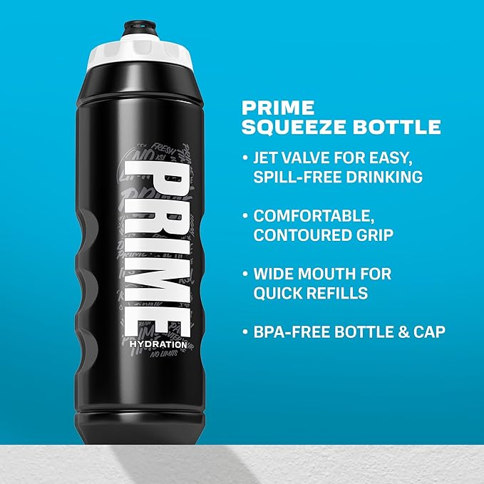 PRIME 32 oz Black Graffiti Squeeze Sports Water Bottle, BPA Free, Dishwasher Safe, Easy-Grip Ergonomic Leakproof Design, Fast Hydration for Gym, Cycling, Running