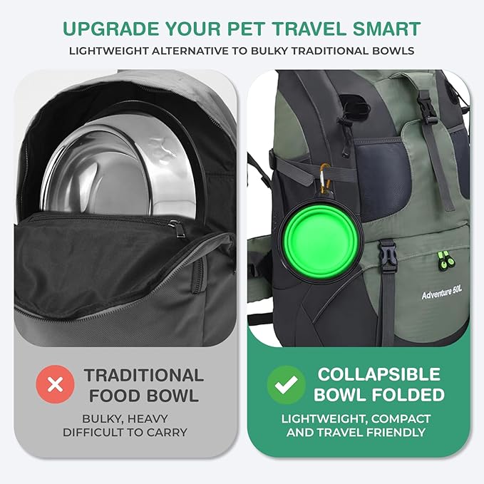 Collapsible Dog Bowls for Travel, Portable Dog Water Bowl & Food Bowl for Dogs and Cats, Foldable Pet Feeding Dish for Walking Hiking Camping with Carabiner, BPA Free (Green)