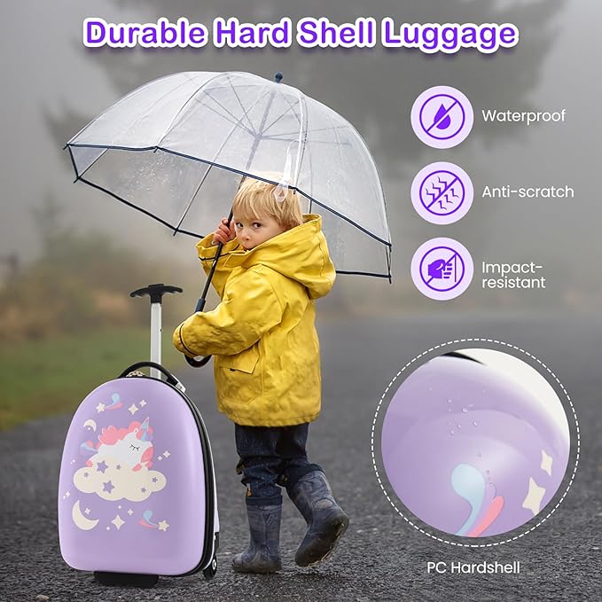 HONEY JOY Kids Luggage, 16” Children Rolling Suitcase w/Wheels & Telescopic Handle, Hard Shell Lightweight Travel Luggage for Toddlers, Carry On Luggage with Wheels for Boys Girls(Purple Unicorn)