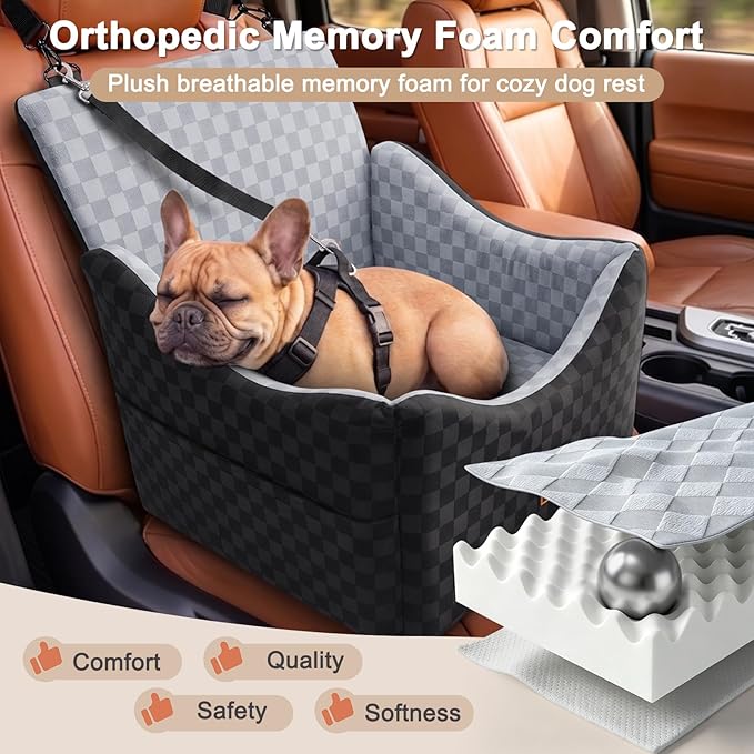 JOEJOY Elevated Dog Car Seat for Small/Medium Dogs up to 35 lbs, Memory Foam Booster Seat with Detachable Washable Cover, Travel-Safe Car Bed with Safety Belts & Storage Pockets, Grey