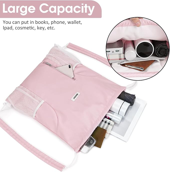 WANDF Drawstring Backpack with Shoulder Pad Sports Gym Backpack with Mesh Pocket String Bag for Women Men(Pink)
