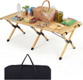 GYMAX 48 Inch Folding Camping Table, Roll-Up Pine Wood Picnic Table with Carry Bag, Portable Lightweight Low Beach Table for BBQ, Party, Backyard Camping