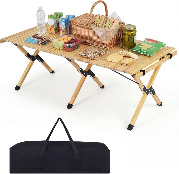 GYMAX 48 Inch Folding Camping Table, Roll-Up Pine Wood Picnic Table with Carry Bag, Portable Lightweight Low Beach Table for BBQ, Party, Backyard Camping