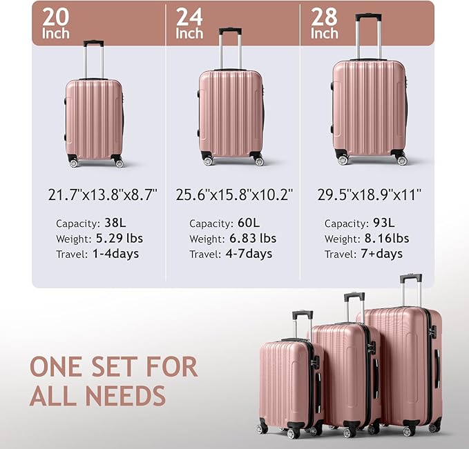 3 Piece Luggage Sets, Lightweight ABS Suitcase with 4 Spinner Wheels ＆ TSA Locks, Hardside Carry On Luggage Durable Suitcase Set for Family Travel Business - Rose Gold, 20/24/28