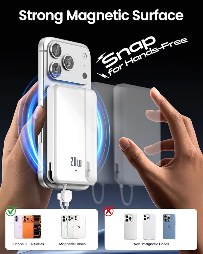 golioklsy Portable Charger Power Bank, 10000mAh Phone Charger with Built-in Cable, 20W PD Fast Charging, Slim Battery Pack with LED Display, Travel Essential for iPhone 17/16/15/14 All Series, White