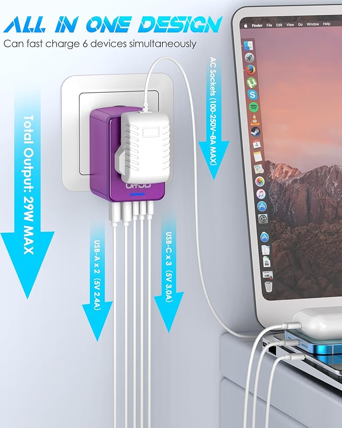 Universal Travel Adapter with 3 USB-C + 2 USB-A Ports 30W Fast Charging, 2500W AC Outlet, International Power Adapter for Europe UK Japan, Travel Charger for Phones Laptop 200+ Countries (Purple)