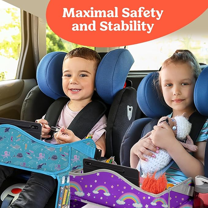 PILLANI Kids Travel Tray for Car - Carseat Tray for Toddler, Road Trip Must Haves with Cup Holder & Drawing Board - Toddler Airplane Travel Essentials for Girls - Car Accessories for Kids