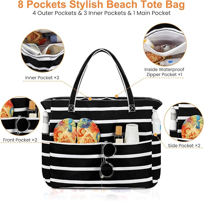 Trifabricy Beach Bags for Women Waterproof Sandproof Women Tote Bag, Large Beach Bag with Zipper for Gym Travel Vocation