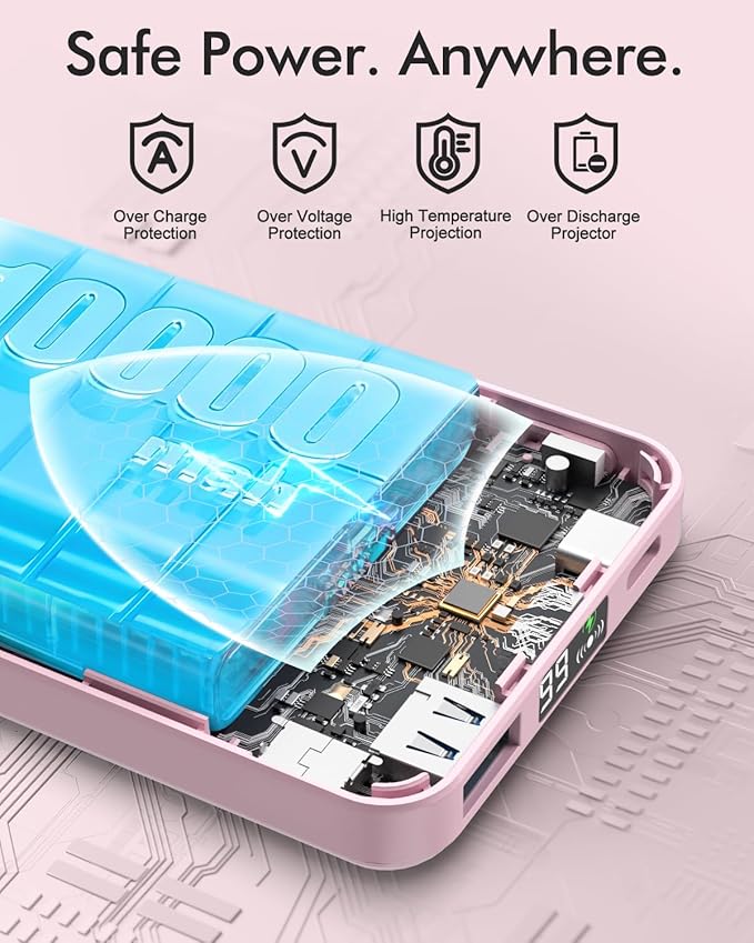 podoru for Magsafe Power Bank, 10000mAh Magnetic Portable Charger with 22.5W PD Fast Charging USB-C Cable LED Display Wireless Battery Pack for iPhone 17/16/15/14/13/12 Series-Pink