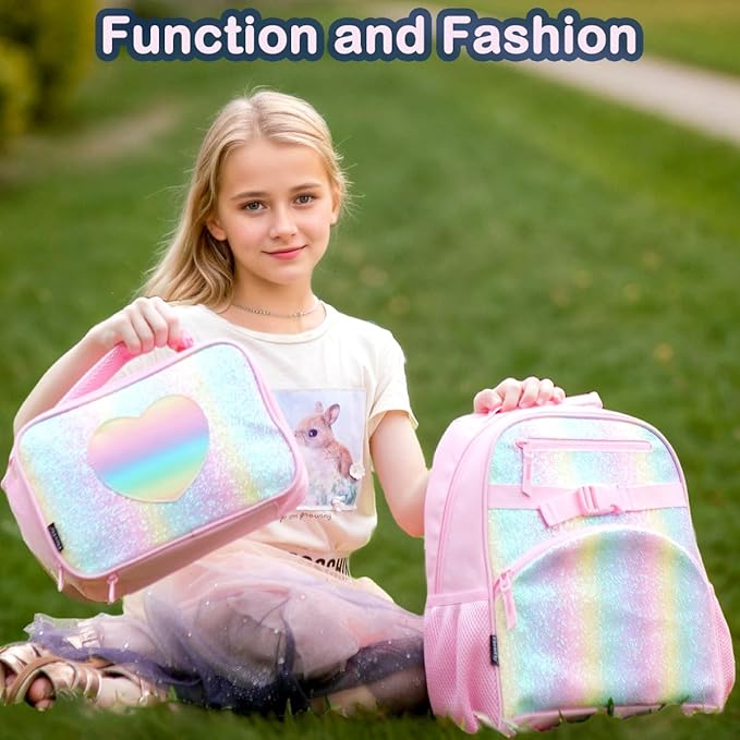 FlowFly Kids Backpack for Toddler Boys Girls, Simple Lightweight Bookbag for Daycare Kindergarten Elementary School Travel, Small Modern Bag (Medium 15'', Glitter-Rainbow)