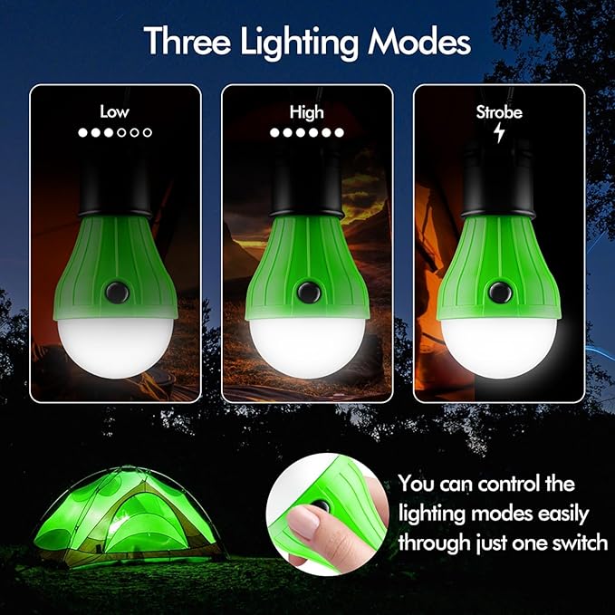 FLY2SKY Portable LED Tent Lamp, Clip Hook Hurricane Emergency Light Bulb, Camping Equipment Lanterns for Hiking, Backpacking Outage, B-CLOSED-HOOK, 4 Packs